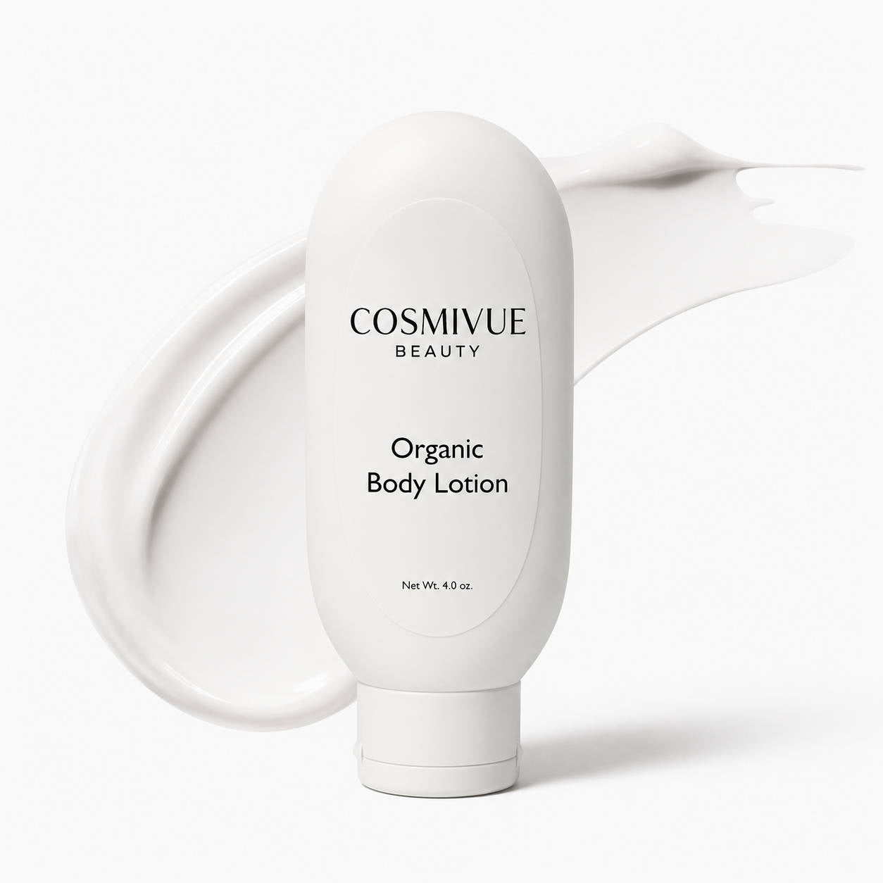 COSMIVUE BEAUTY Organic Body Lotion in a white 4 oz squeeze bottle