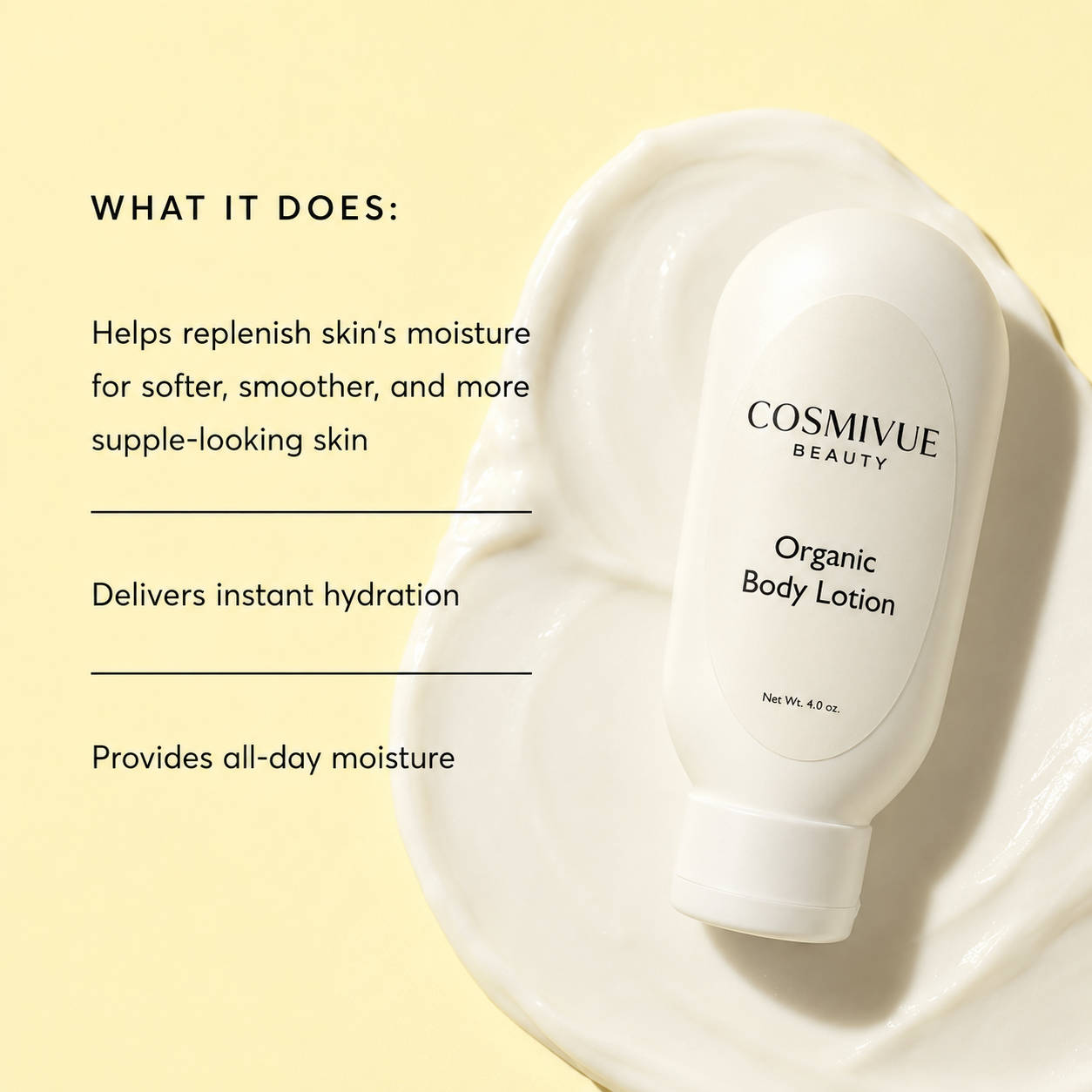Organic Body Lotion by COSMIVUE BEAUTY displayed in clean white packaging